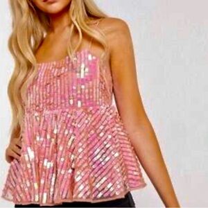 NWT ASOS Designs peachy pink sequined spaghetti strap babydoll top size 10 cami